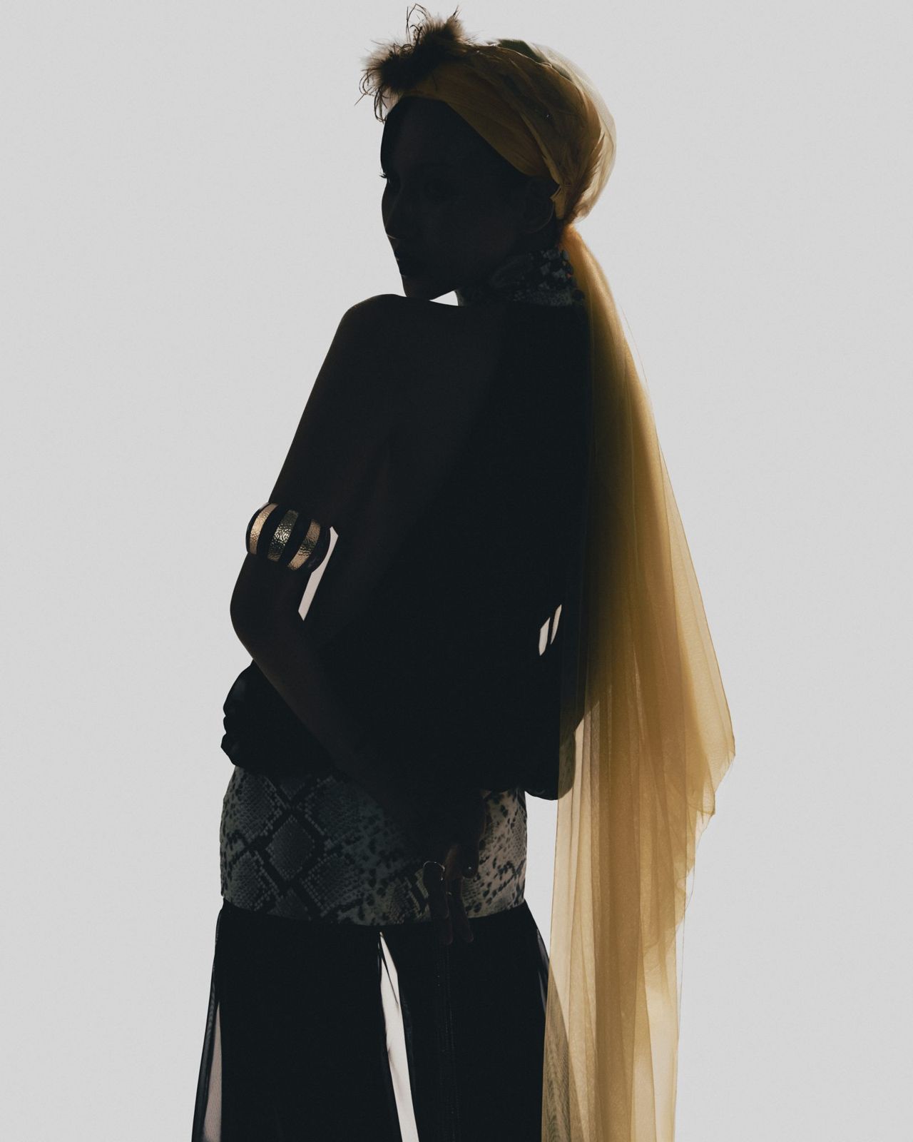 Backlit silhouette with a sheer yellow train